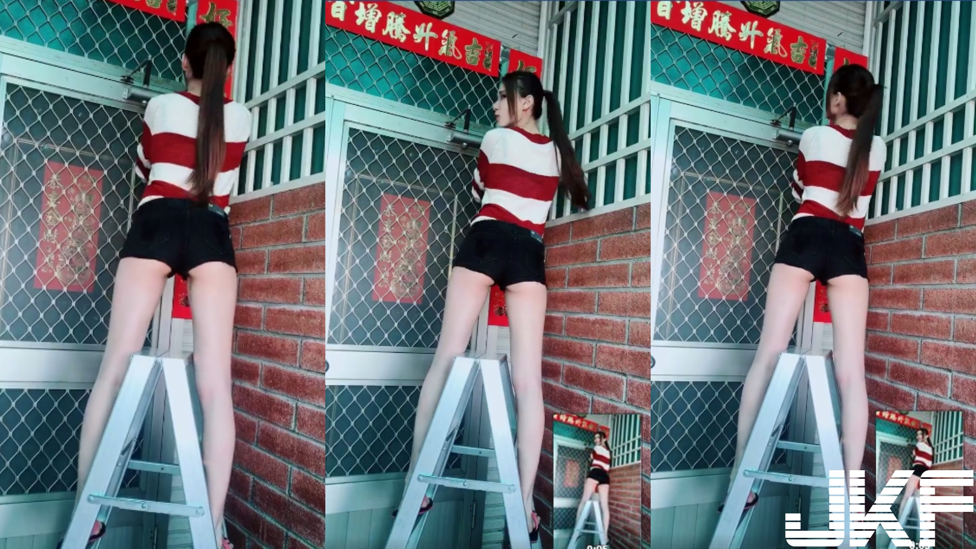 太邪恶了！长腿正妹贴春联，背后视角长腿＋大露「屁股蛋」让人想偷袭！