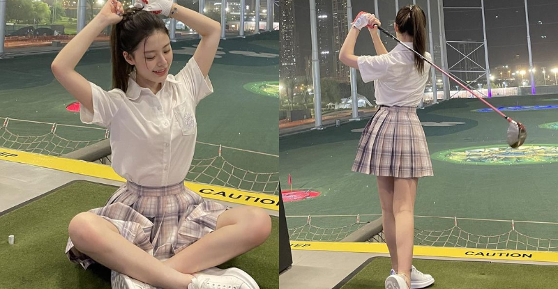 「淘气小尤物」扭腰挥杆姿势一百，展「纤长玉腿」画面超养眼-小湿妹图