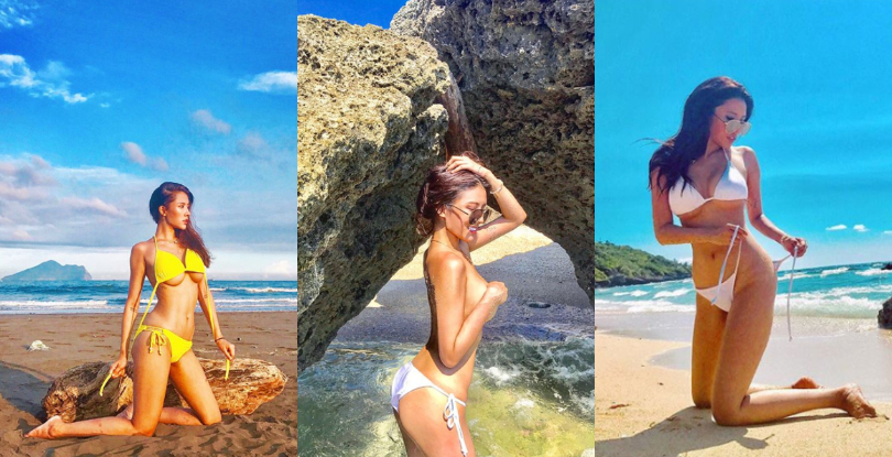 在海边宽衣解带！「美乳正妹」捧奶又露南半球，轻拉裤带让人欲火中烧！