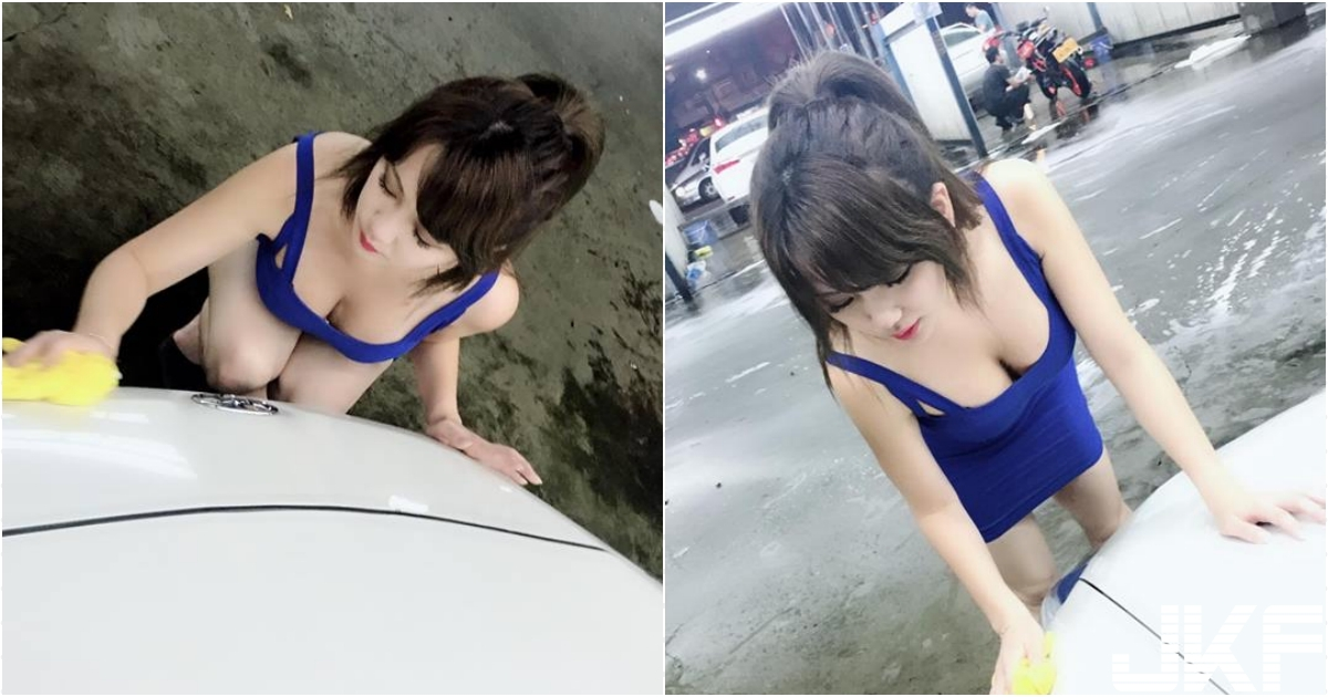 展场正妹「Gogo 狗狗」放假洗车身材火辣，低胸小洋装看就知道一定洗超干净啊～